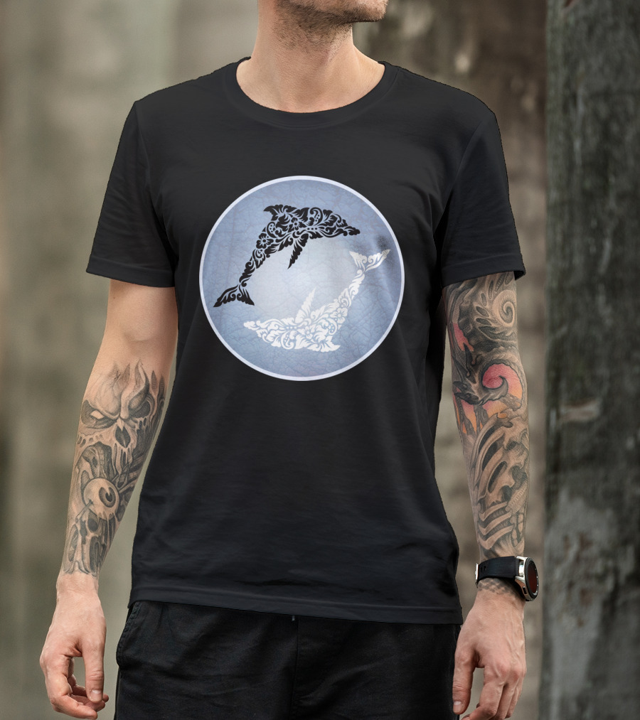 Dolphin Yin Yang Floral Ornament Circular T-Shirt