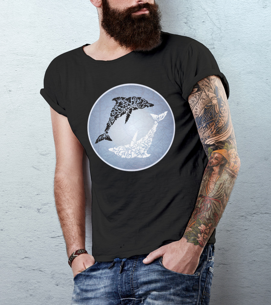 Dolphin Yin Yang Floral Ornament Circular T-Shirt