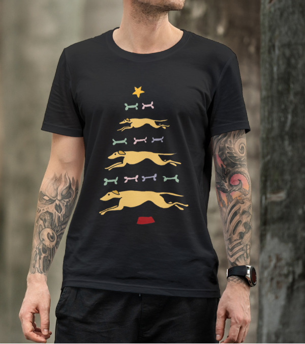 Funky Greyhound Racing Dog Christmas Tree With Colorful Bones T-Shirt