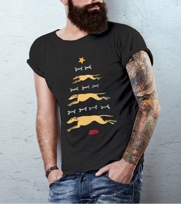 Funky Greyhound Racing Dog Christmas Tree With Colorful Bones T-Shirt