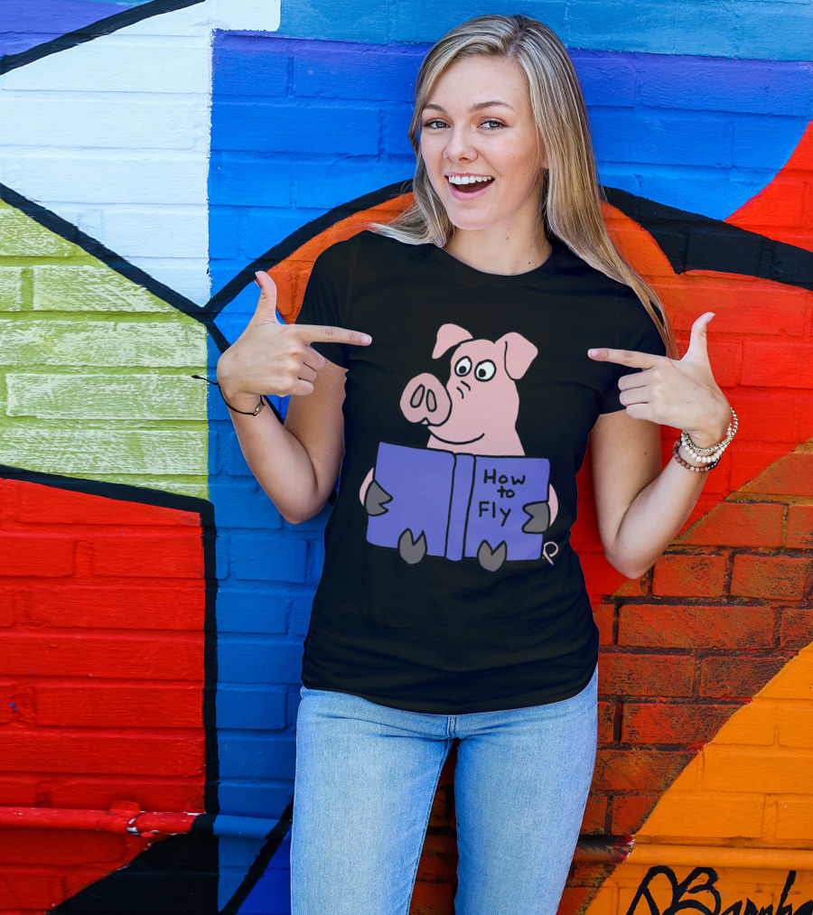 Funny Pink Pig Reading How To Fly Book T-Shirt