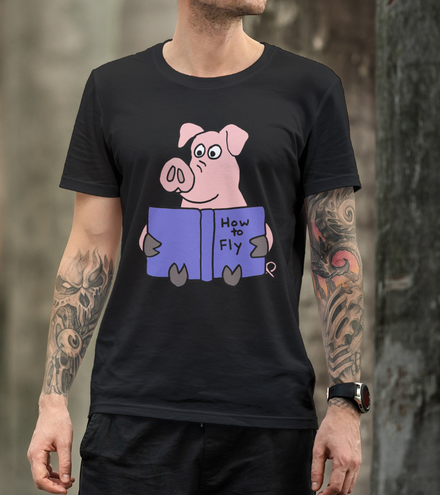 Funny Pink Pig Reading How To Fly Book T-Shirt