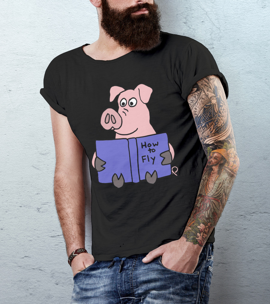Funny Pink Pig Reading How To Fly Book T-Shirt