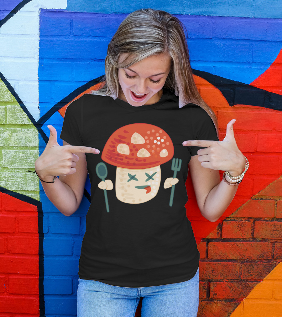 Funny Poisoned Mushroom Character With Red Cap And Cutlery T-Shirt