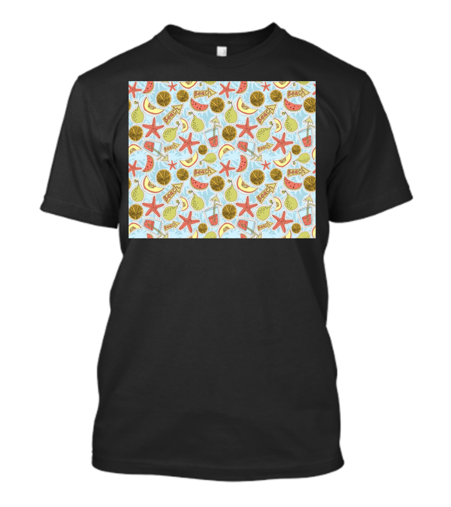 Funny Summer Fruits Beach Pattern Starfish Lemon Watermelon Pear T-Shirt