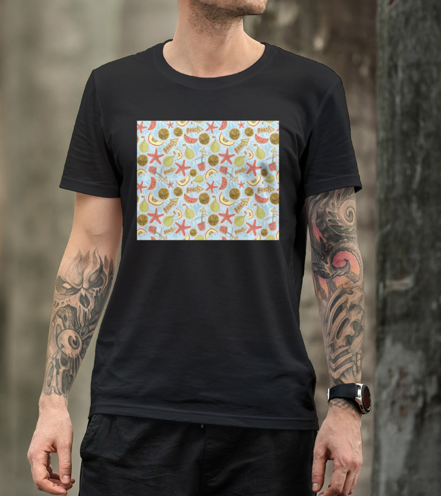 Funny Summer Fruits Beach Pattern Starfish Lemon Watermelon Pear T-Shirt