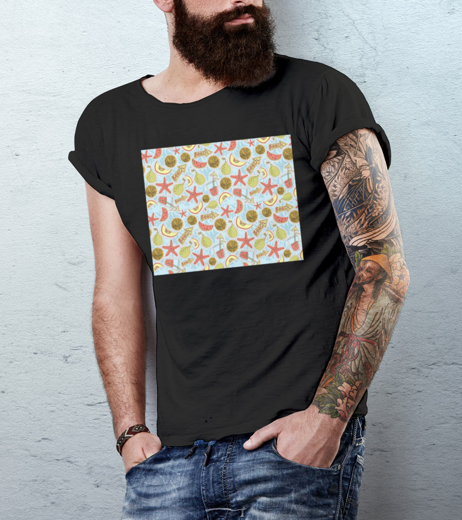 Funny Summer Fruits Beach Pattern Starfish Lemon Watermelon Pear T-Shirt
