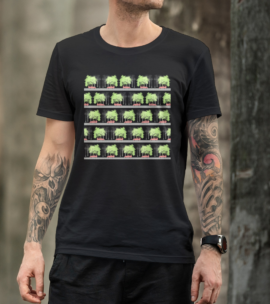 Cars And Trees Pattern With Rows Of Green Trees And Red Cars T-Shirt