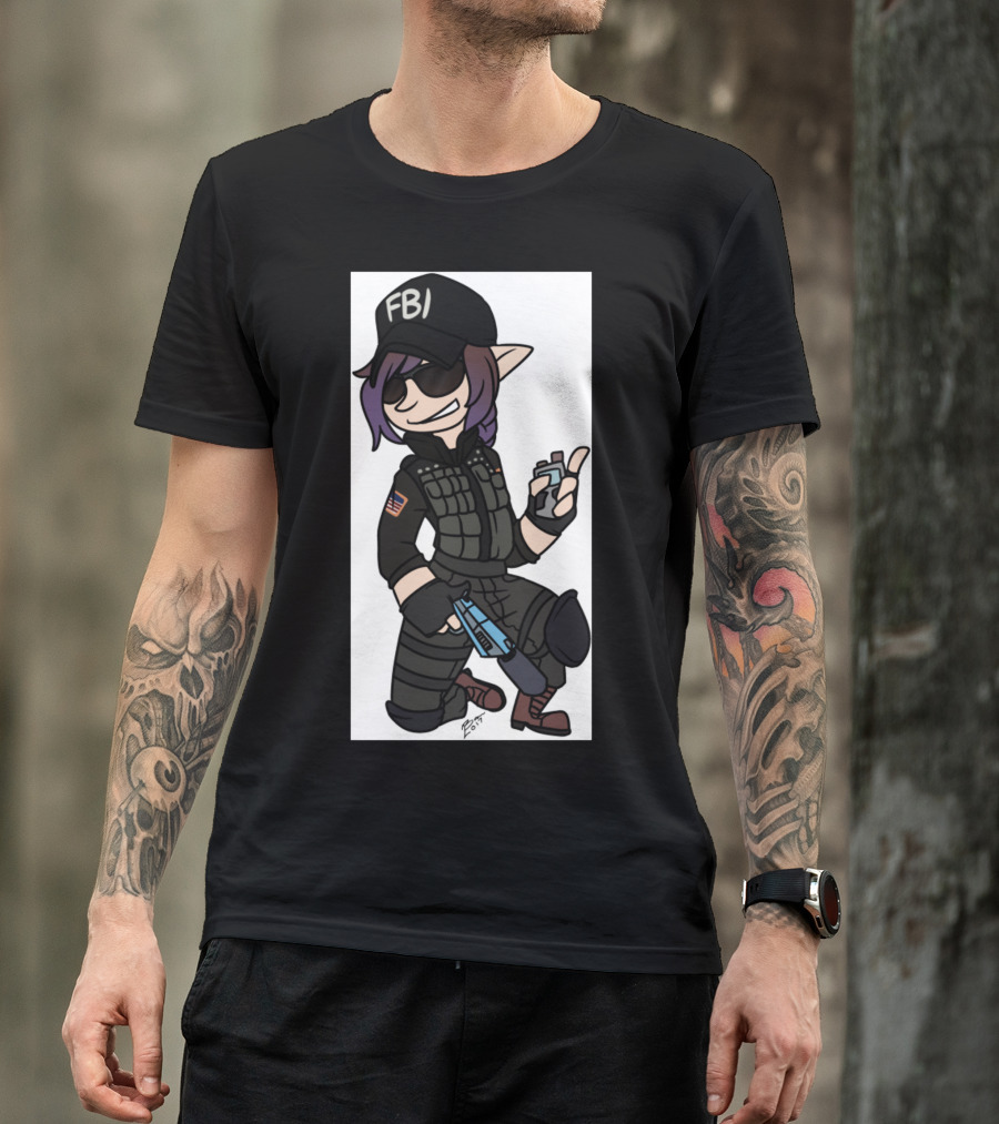 AriAsh FBI Agent Cartoon Character With Coffee And Gun T-Shirt