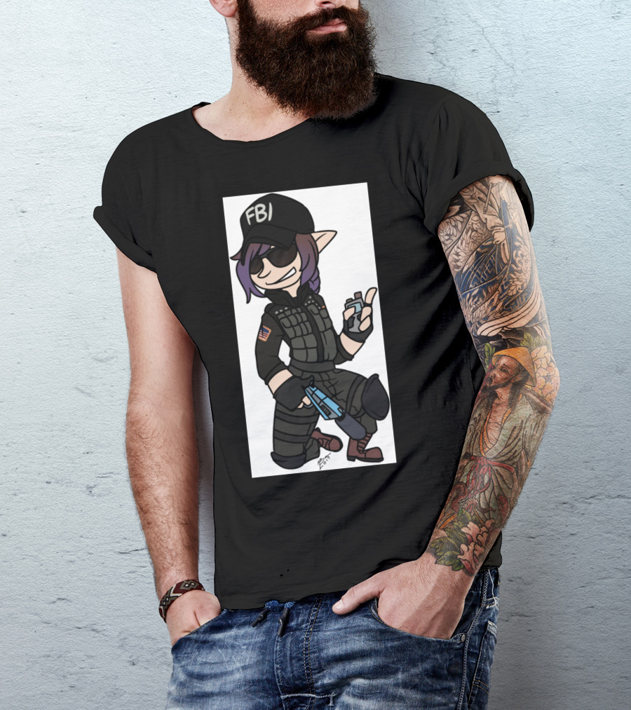 AriAsh FBI Agent Cartoon Character With Coffee And Gun T-Shirt