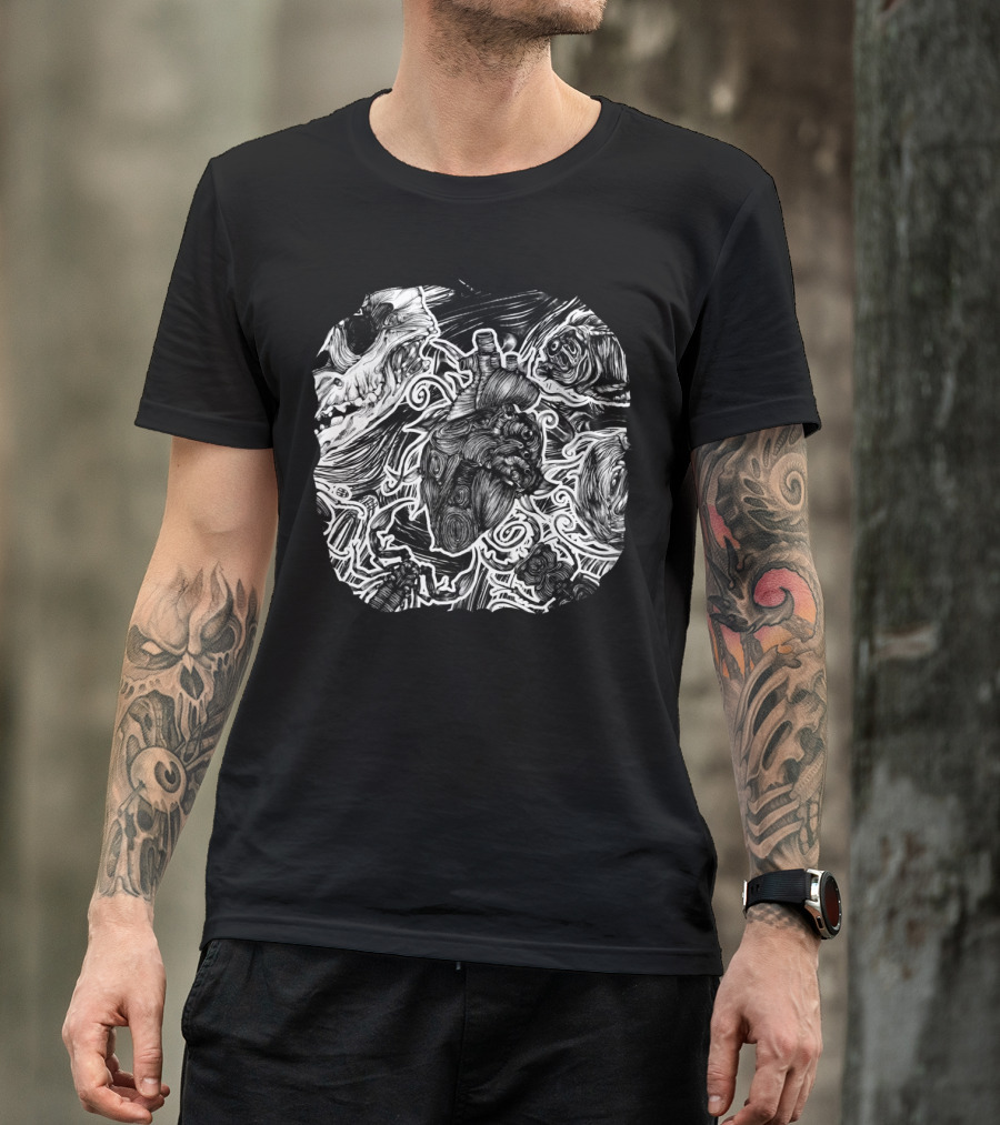 Beating Heart Skull And Anatomical Heart In Dark Swirls T-Shirt