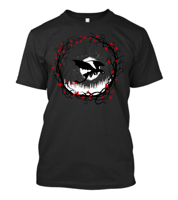 Fury Circle Moonlit Forest Dragon In Red Leaf Wreath T-Shirt