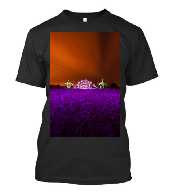 Crop Circle Creators Light Show In Purple Wheat Field Under Fiery Sky T-Shirt