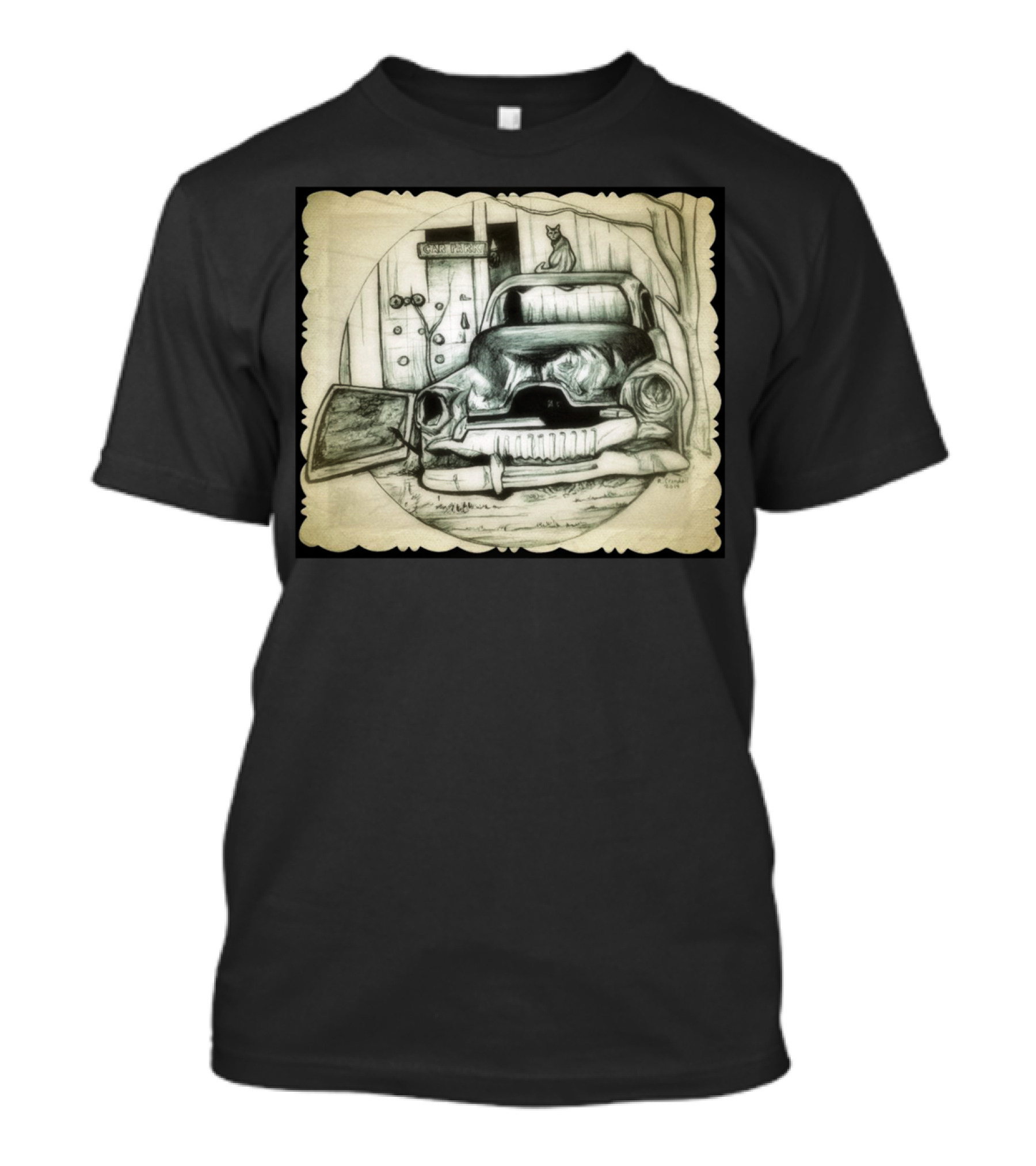 Rusty Vintage Car With Cat In Front Of Old Garage Sketch T-Shirt