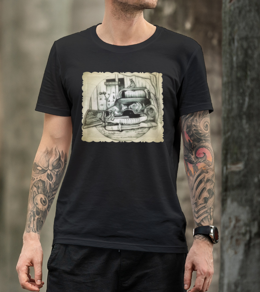 Rusty Vintage Car With Cat In Front Of Old Garage Sketch T-Shirt