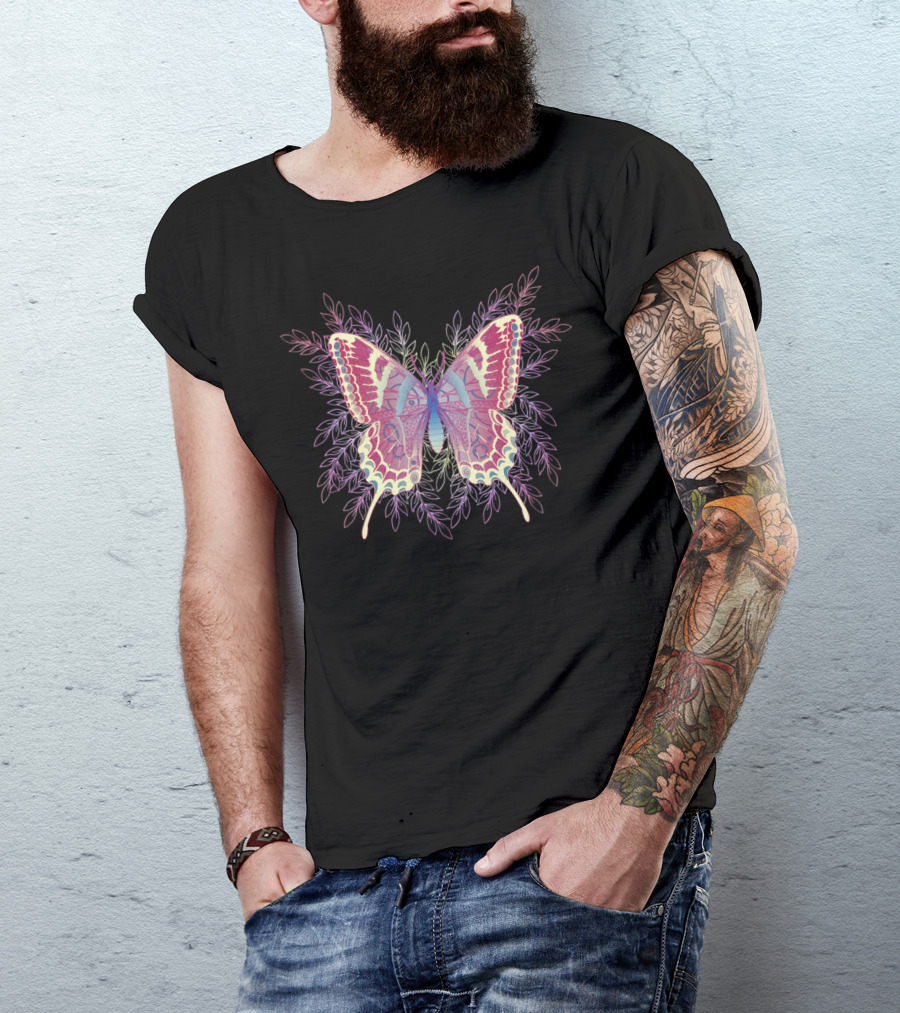 Beautiful Colorful Butterfly With Intricate Patterns And Leaf Motif T-Shirt