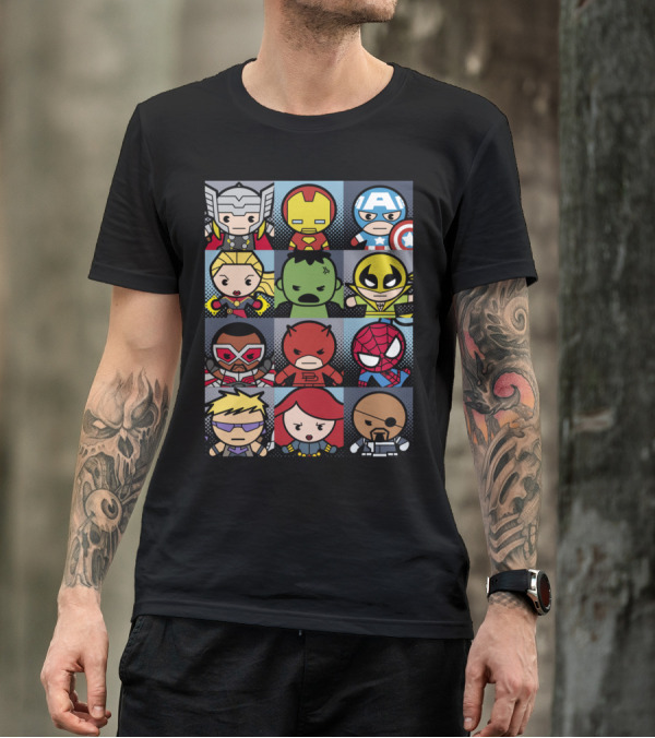 Chibi Avengers Thor Iron Man Captain America Hulk Wolverine Falcon Daredevil Spider-Man Hawkeye Black Widow Nick Fury T-Shirt