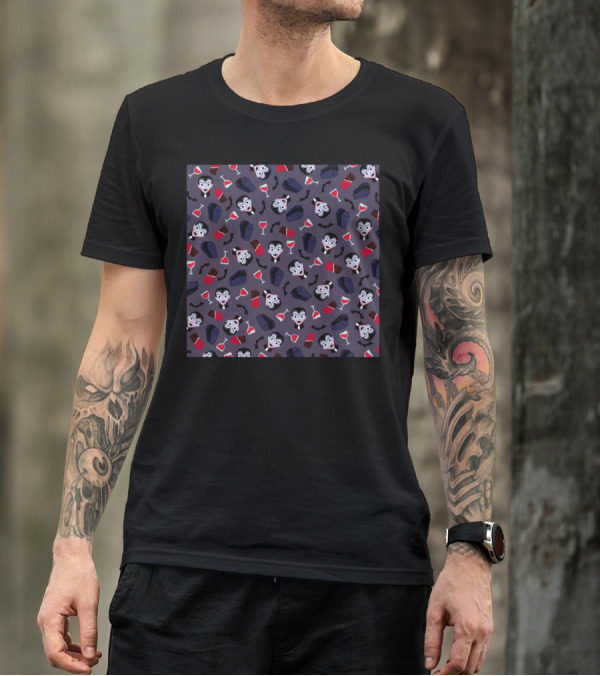 Fancy Vampire Pattern With Coffins, Bats, And Wine Glasses T-Shirt