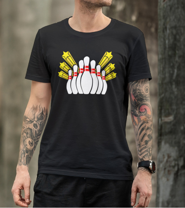 Bowling Pins And Striking Stars Burst T-Shirt