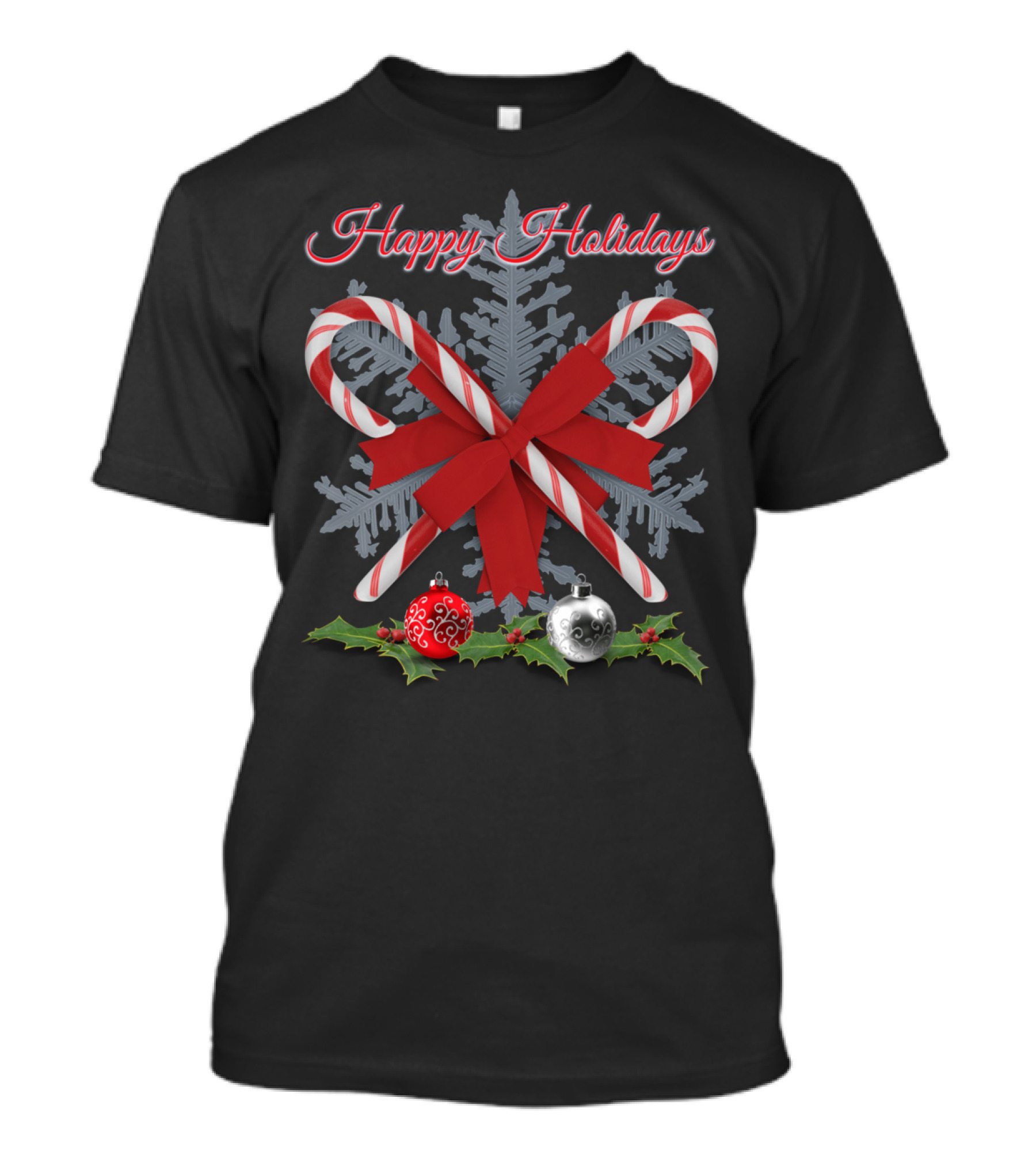 Happy Holidays Crossed Candy Canes Snowflake Holly Baubles T-Shirt
