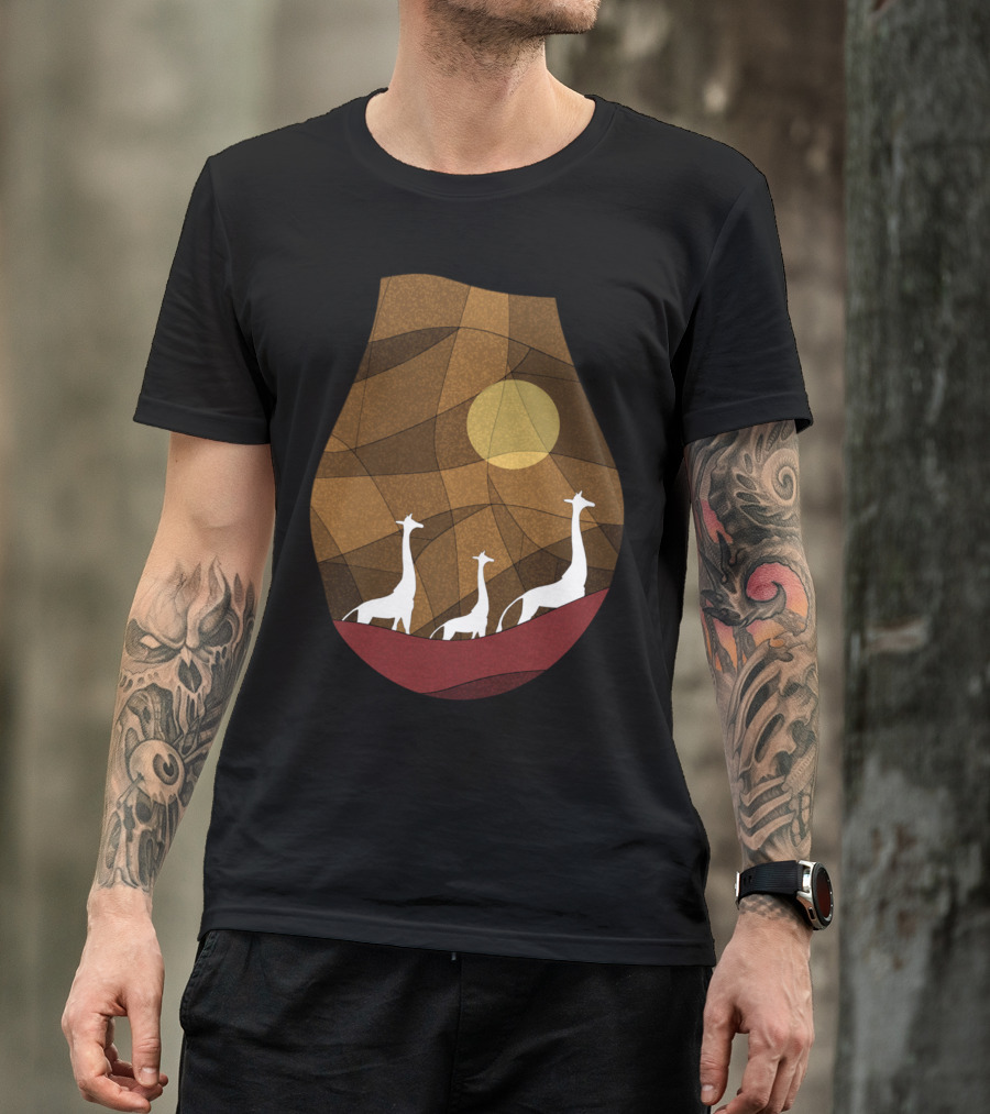 Warm Giraffe Family Stained Glass Style With Sunset T-Shirt