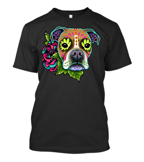 Boxer Dog Sugar Skull Day Of The Dead With Colorful Flowers T-Shirt