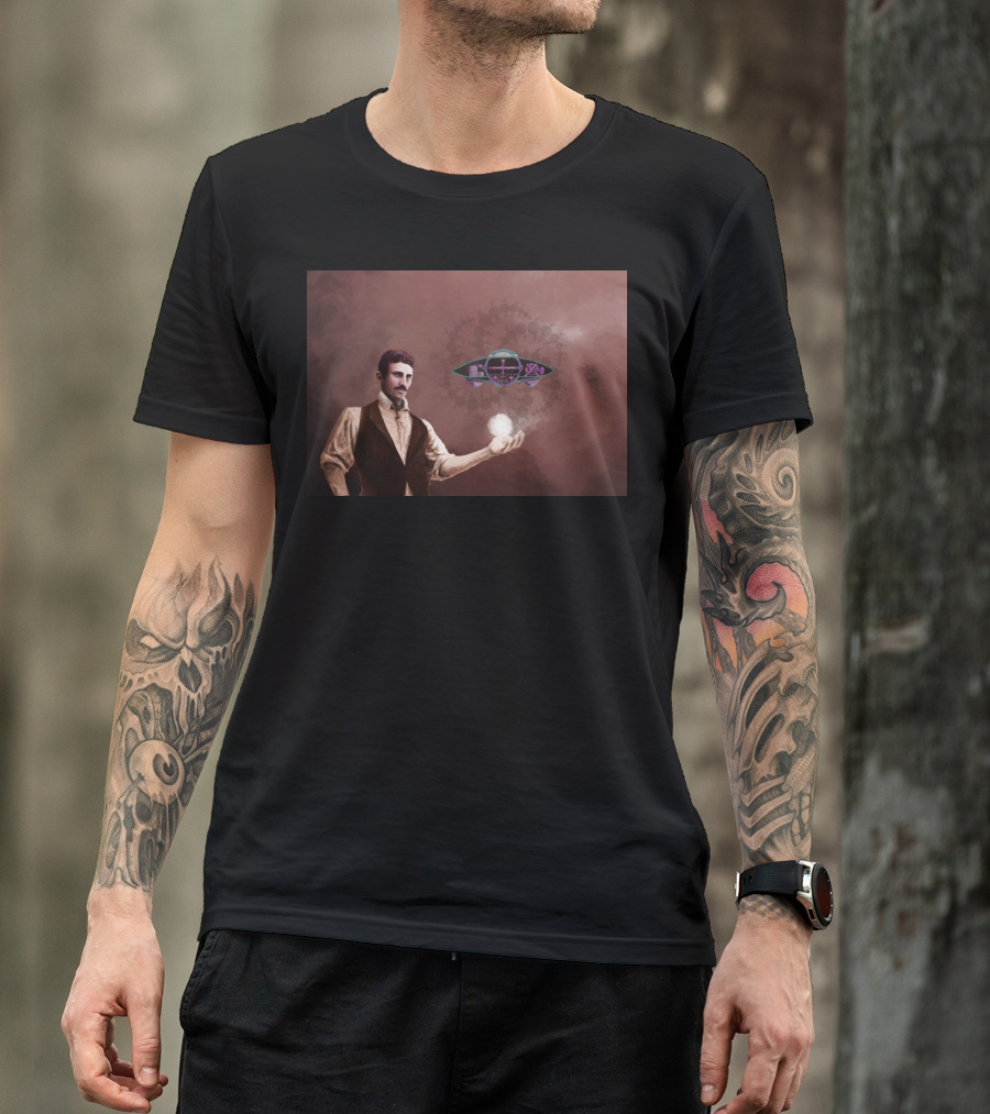 Tesla Holding Light With Alien Spaceship In Background T-Shirt