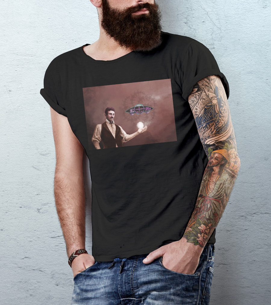 Tesla Holding Light With Alien Spaceship In Background T-Shirt