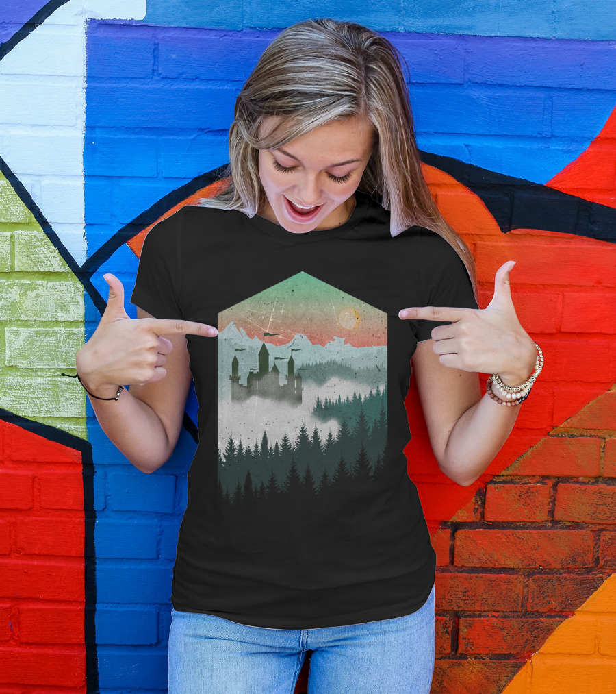 Faraway Land Mountain Castle Misty Forest Sunset T-Shirt