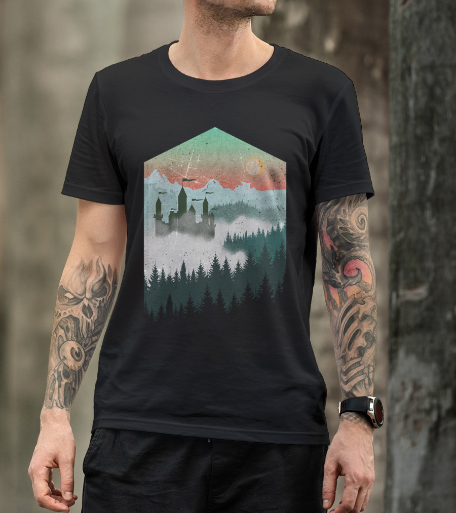 Faraway Land Mountain Castle Misty Forest Sunset T-Shirt