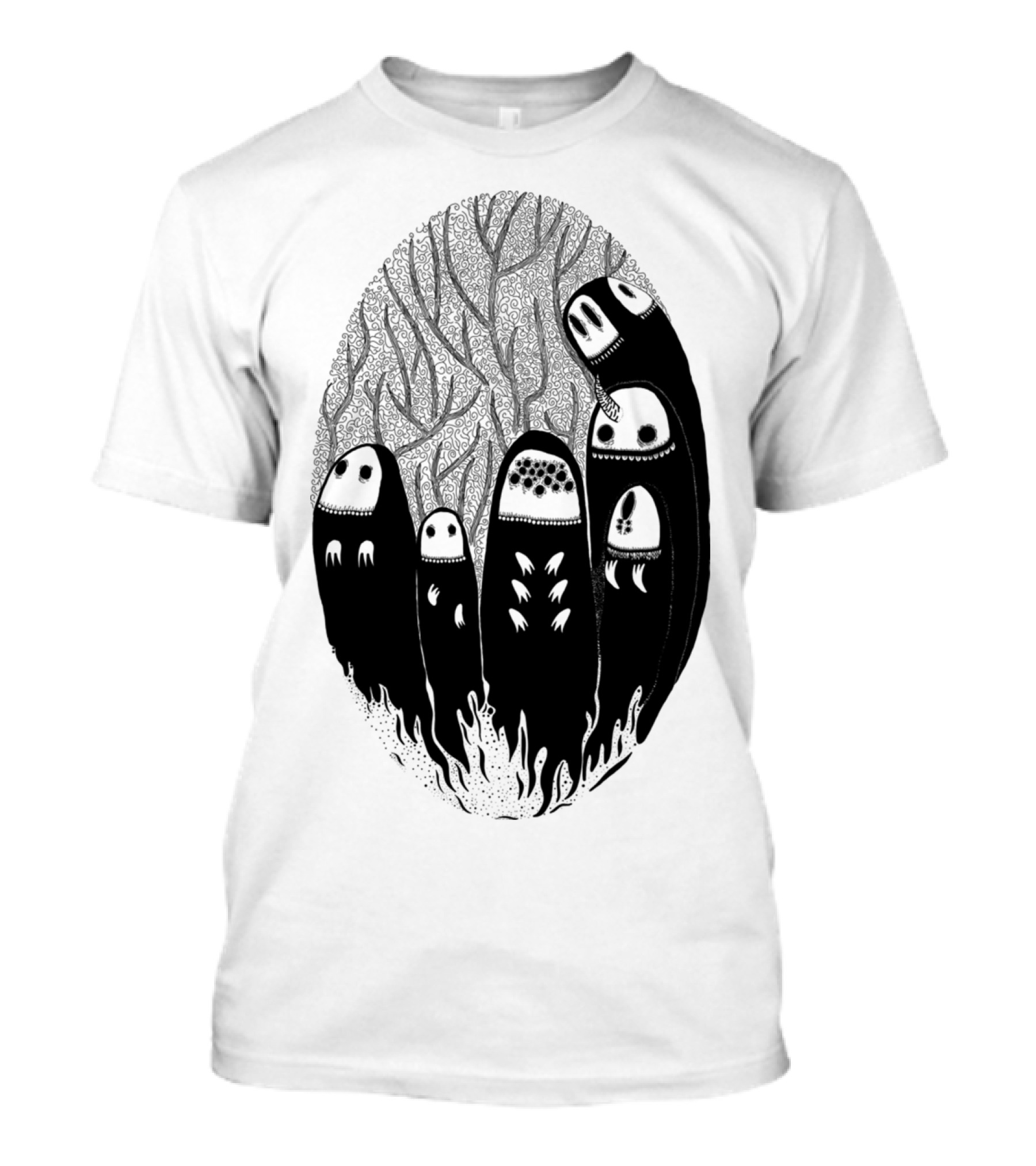 Crowded Wood Creature Figures In Dark Forest Oval T-Shirt