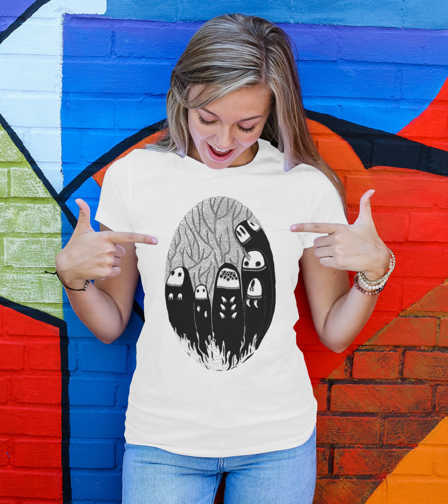 Crowded Wood Creature Figures In Dark Forest Oval T-Shirt