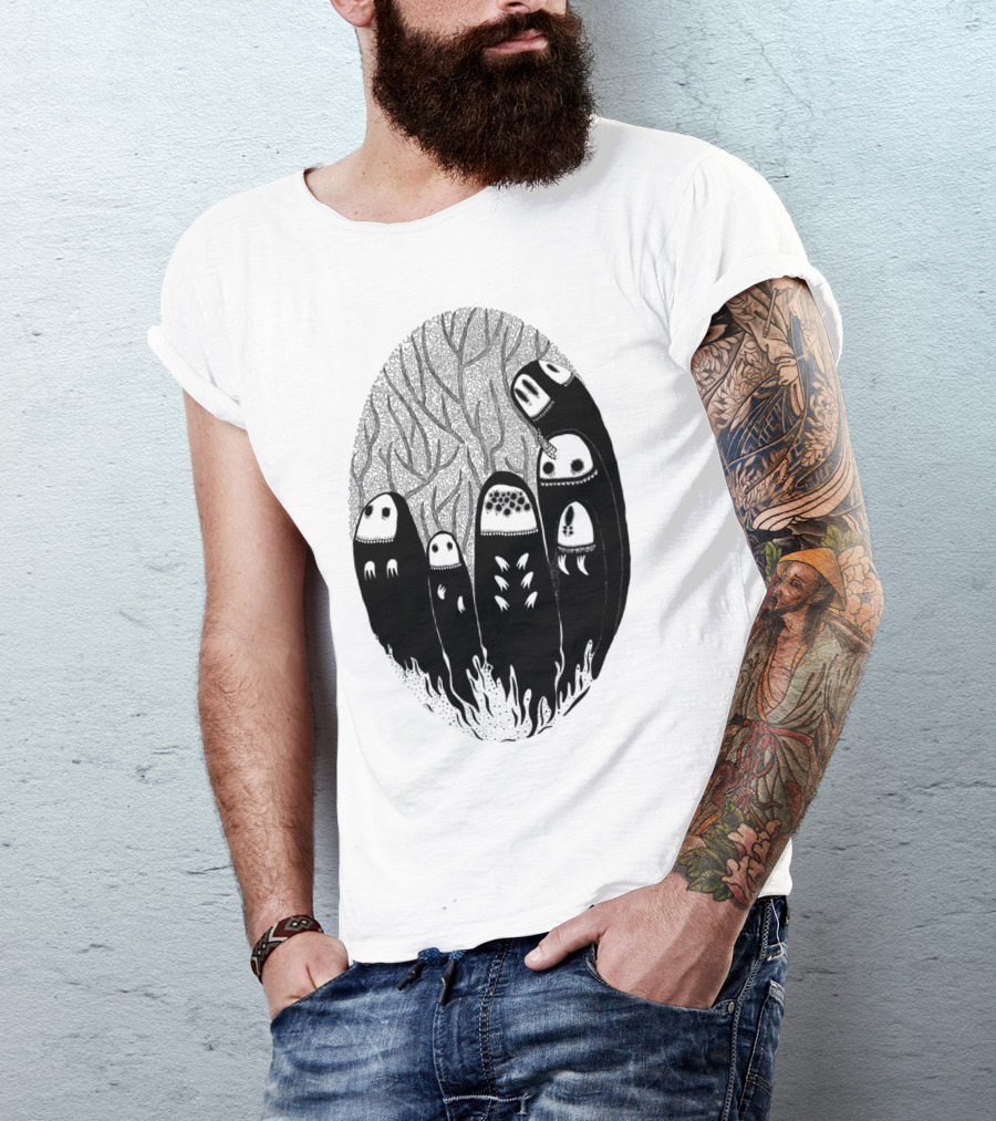 Crowded Wood Creature Figures In Dark Forest Oval T-Shirt