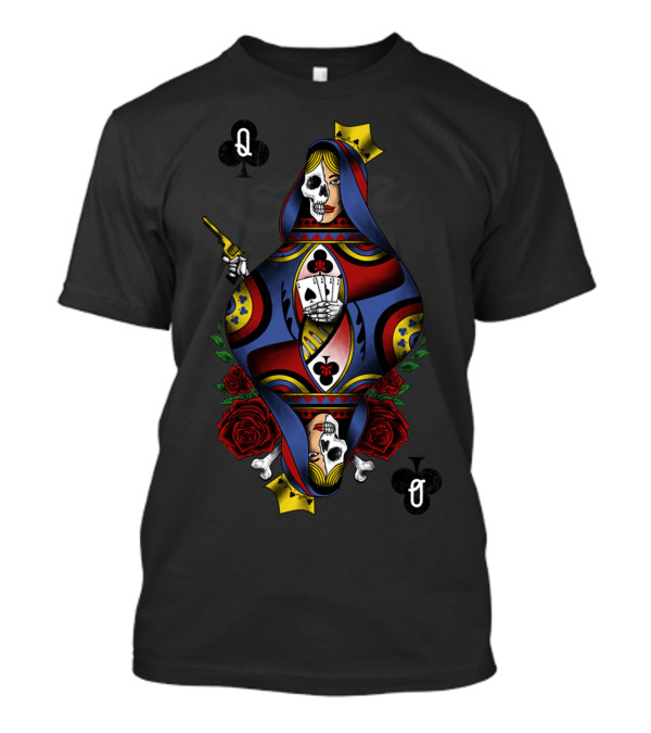 Gambling Queen Skull Card With Roses And Clubs T-Shirt