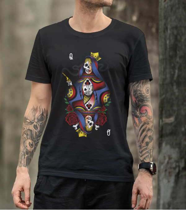 Gambling Queen Skull Card With Roses And Clubs T-Shirt