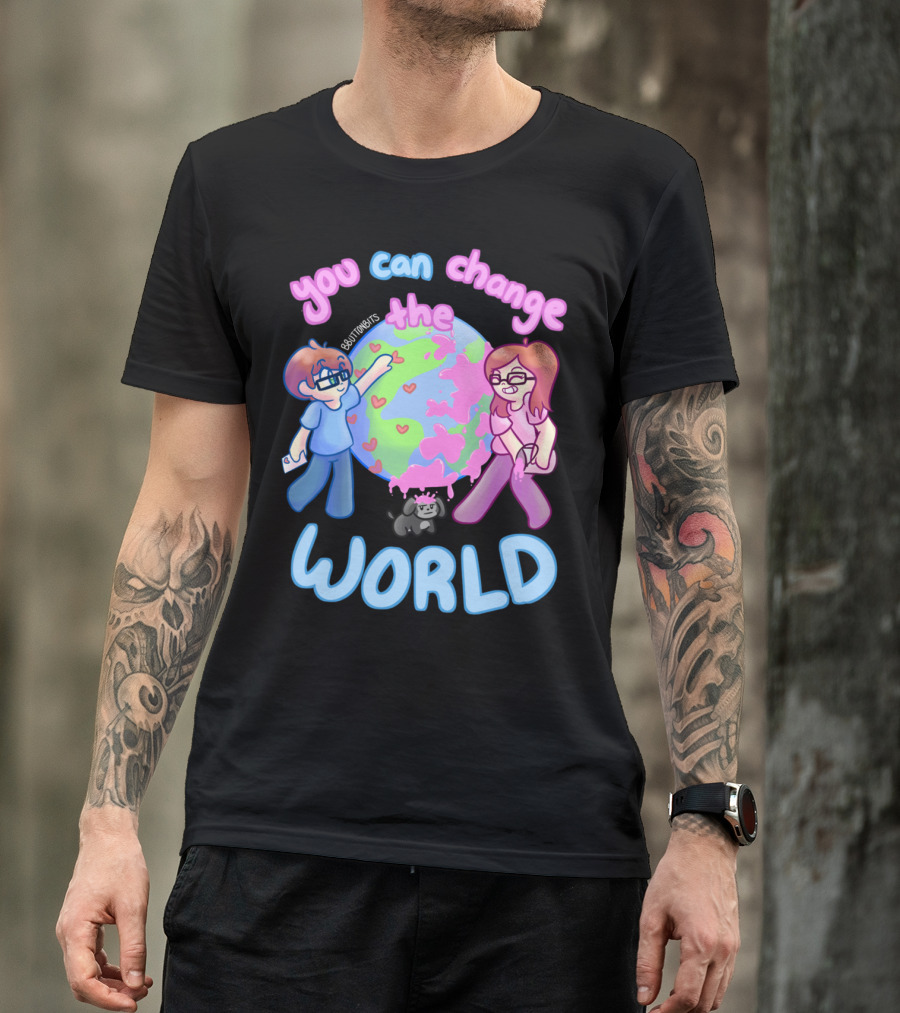 You Can Change The World Cute Cartoon Characters Painting Earth With Hearts T-Shirt