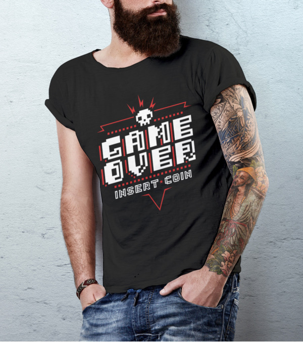 Game Over Insert Coin Red Pixel Skull T-Shirt