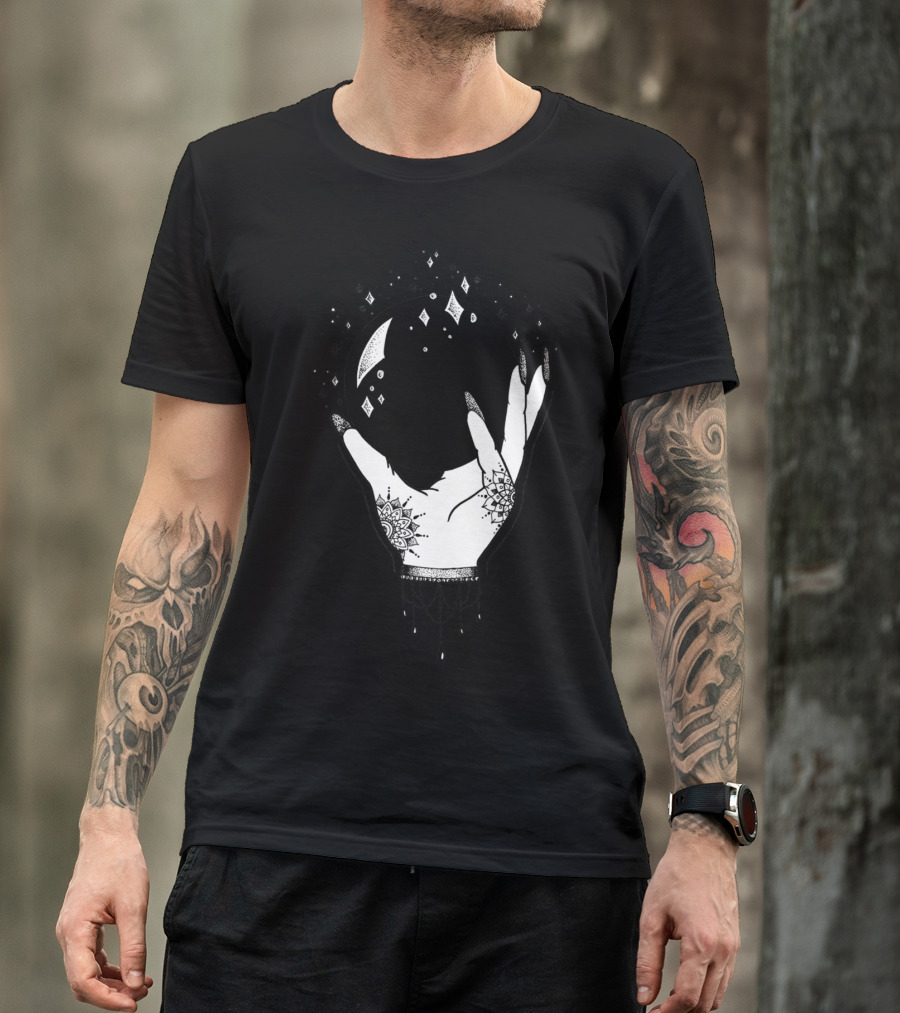 Crystal Ball Mystic Hand With Moon And Star Symbols T-Shirt