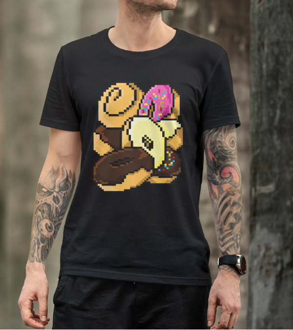 Pixel Art Donut Collection With Pink Sprinkles And Chocolate Glaze T-Shirt