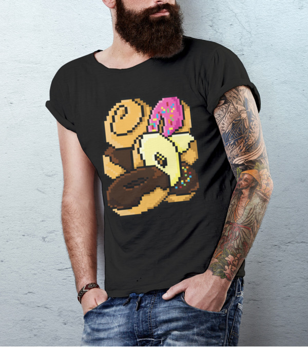 Pixel Art Donut Collection With Pink Sprinkles And Chocolate Glaze T-Shirt