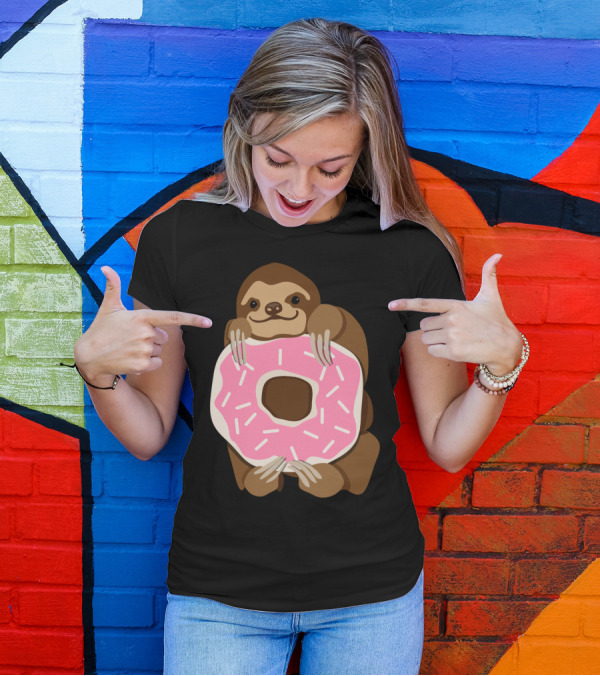 Sloth Holding Pink Frosted Donut T-Shirt