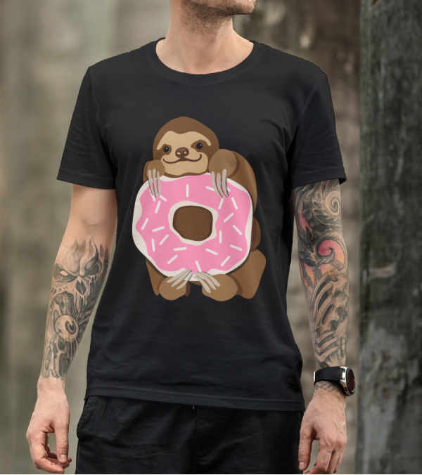 Sloth Holding Pink Frosted Donut T-Shirt