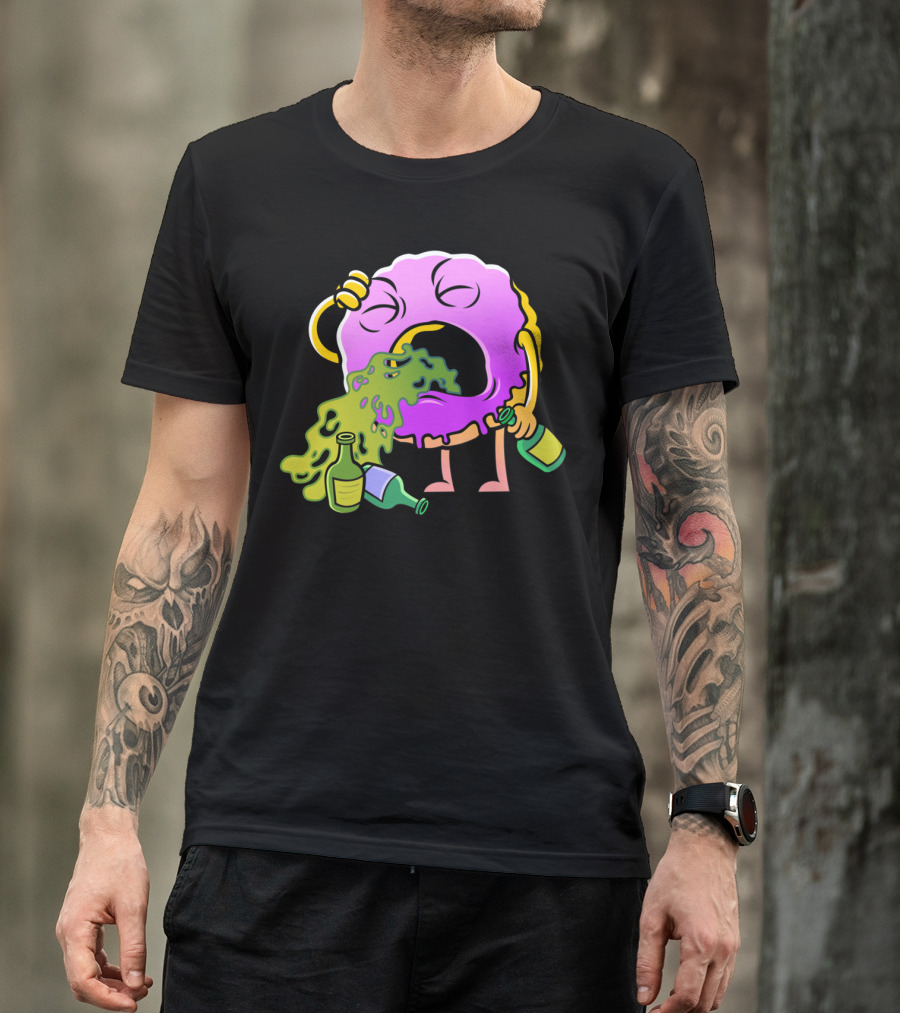 Donut Drinking Booze Vomit Cartoon T-Shirt