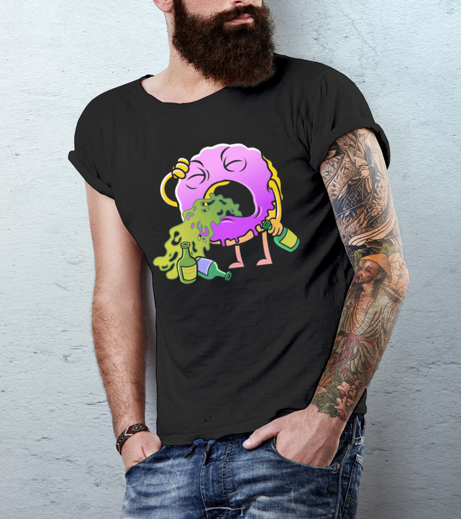 Donut Drinking Booze Vomit Cartoon T-Shirt