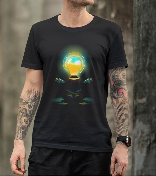 Zenergy Enlightened Lightbulb Meditating With Glowing Aura And Plug Hands T-Shirt