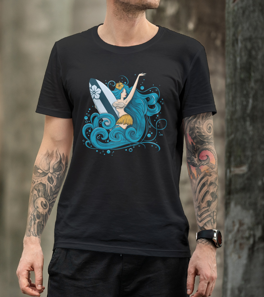 Fatal Wave Hula Surfer And Flowing Blue Hair T-Shirt