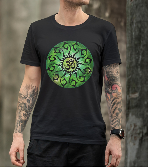 Om Symbol With Green Spiral Vines Circle T-Shirt