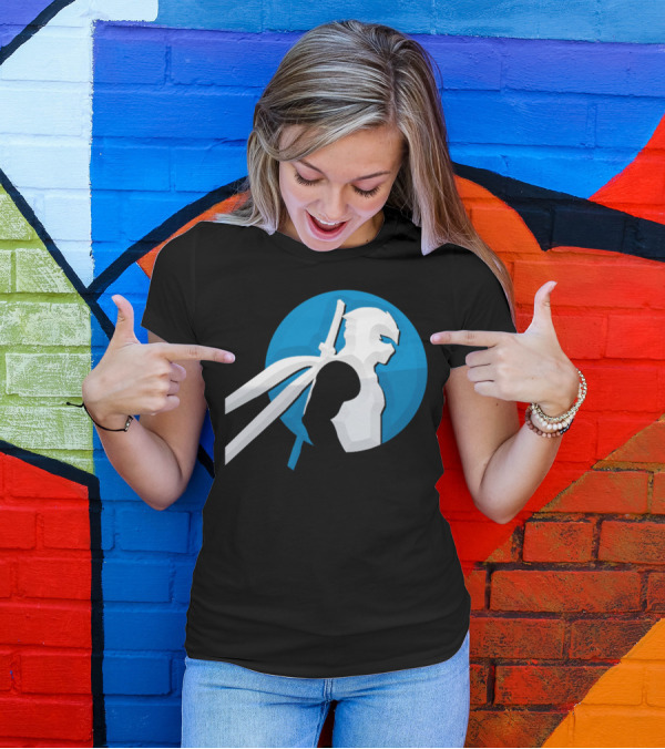 Zforninja Gaming Ninja Silhouette With Swords On Blue Circle T-Shirt