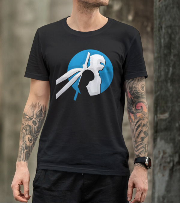 Zforninja Gaming Ninja Silhouette With Swords On Blue Circle T-Shirt