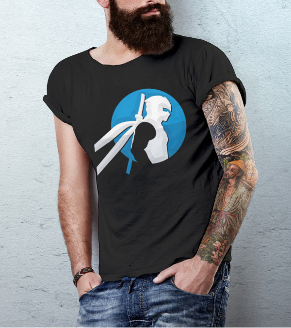 Zforninja Gaming Ninja Silhouette With Swords On Blue Circle T-Shirt